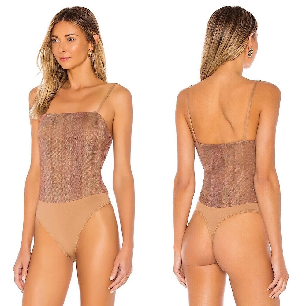 Majorelle Vincent Mesh Sparkle Bodysuit S Brown Metallic Summer Fall Revolve